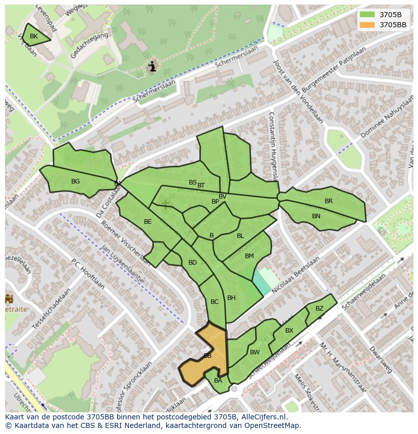 Afbeelding van het postcodegebied 3705 BB op de kaart.