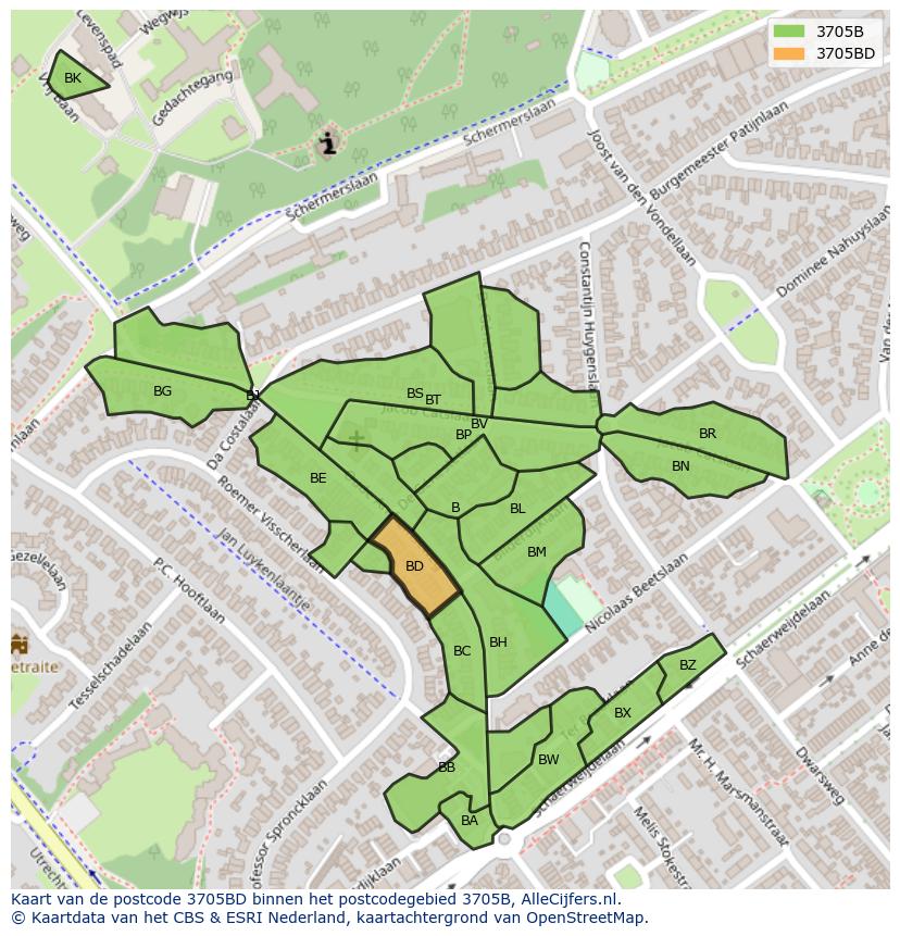 Afbeelding van het postcodegebied 3705 BD op de kaart.