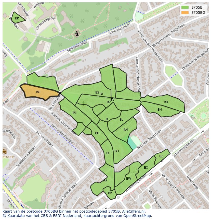 Afbeelding van het postcodegebied 3705 BG op de kaart.