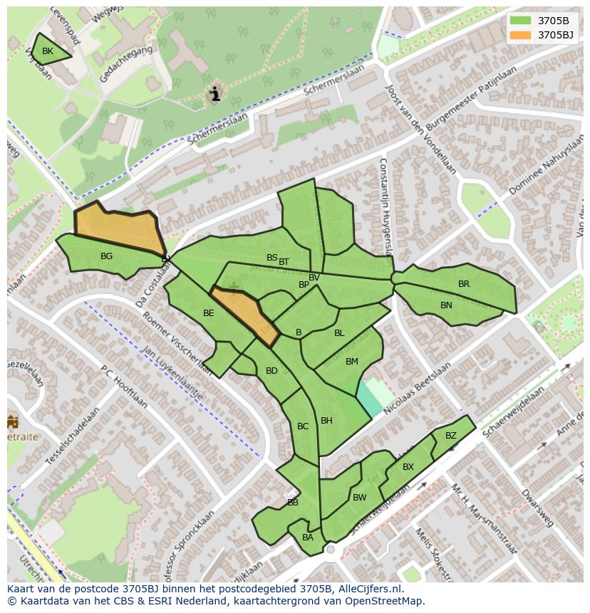 Afbeelding van het postcodegebied 3705 BJ op de kaart.