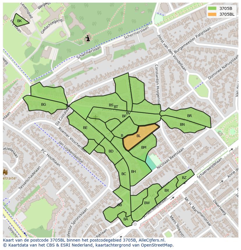 Afbeelding van het postcodegebied 3705 BL op de kaart.