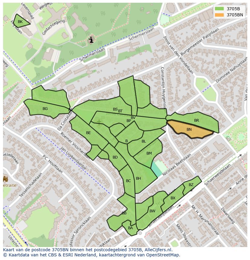 Afbeelding van het postcodegebied 3705 BN op de kaart.