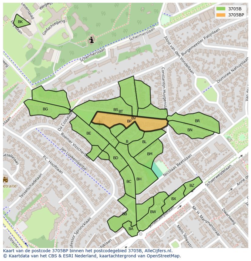 Afbeelding van het postcodegebied 3705 BP op de kaart.