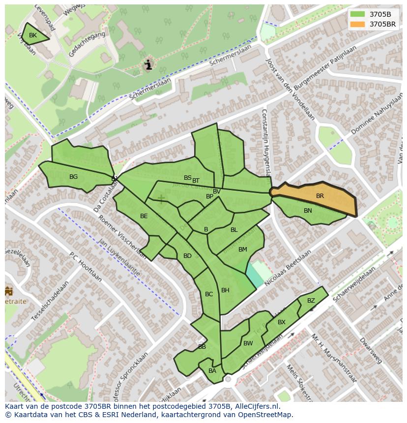 Afbeelding van het postcodegebied 3705 BR op de kaart.