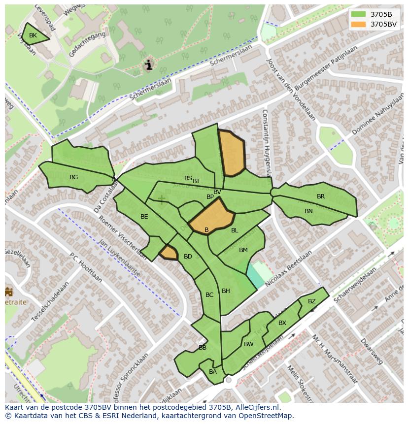 Afbeelding van het postcodegebied 3705 BV op de kaart.