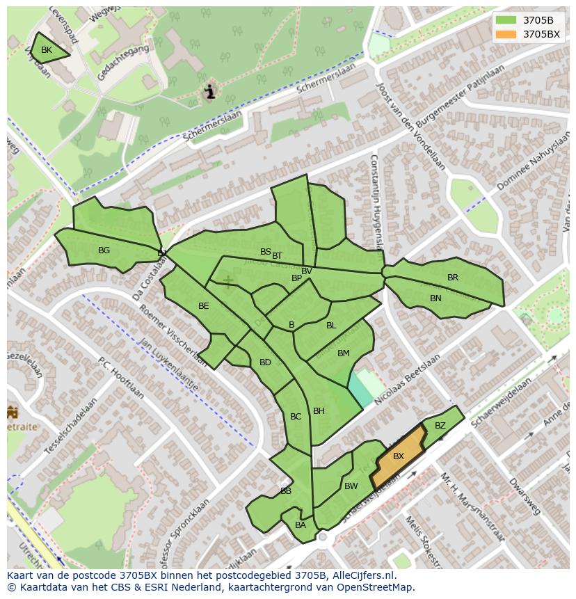 Afbeelding van het postcodegebied 3705 BX op de kaart.