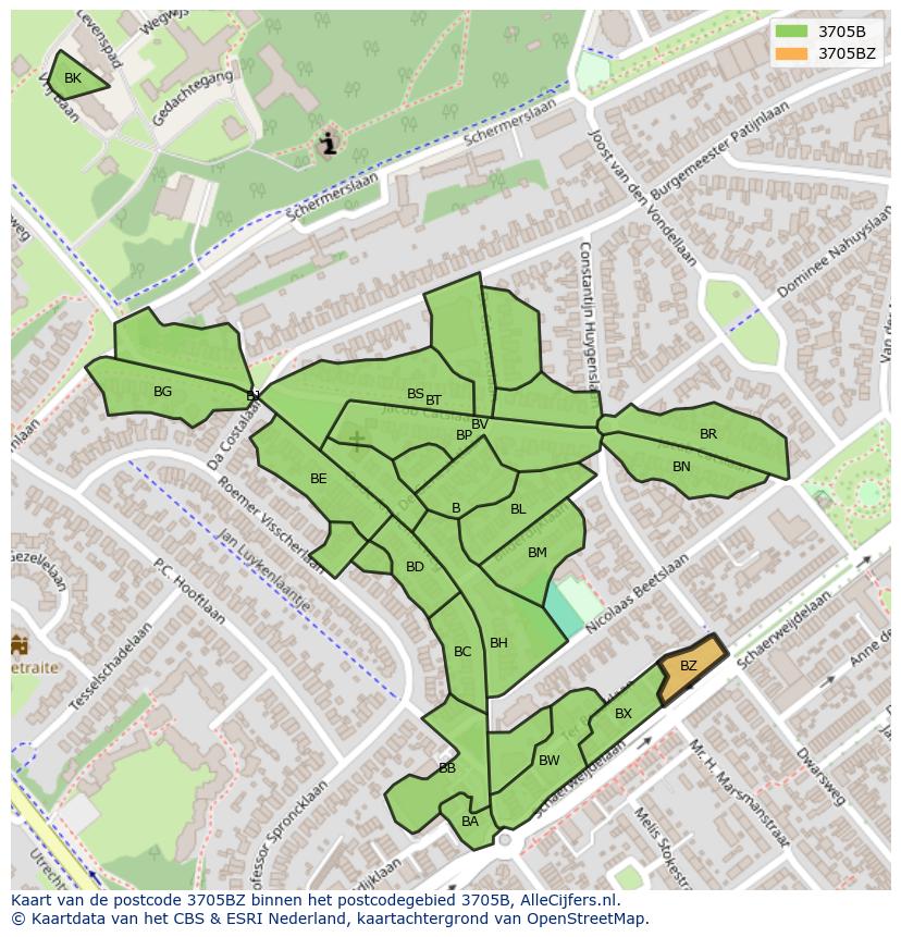 Afbeelding van het postcodegebied 3705 BZ op de kaart.