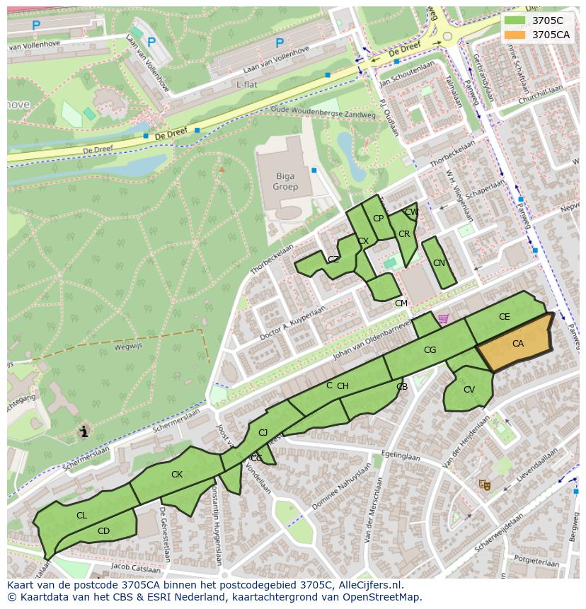 Afbeelding van het postcodegebied 3705 CA op de kaart.