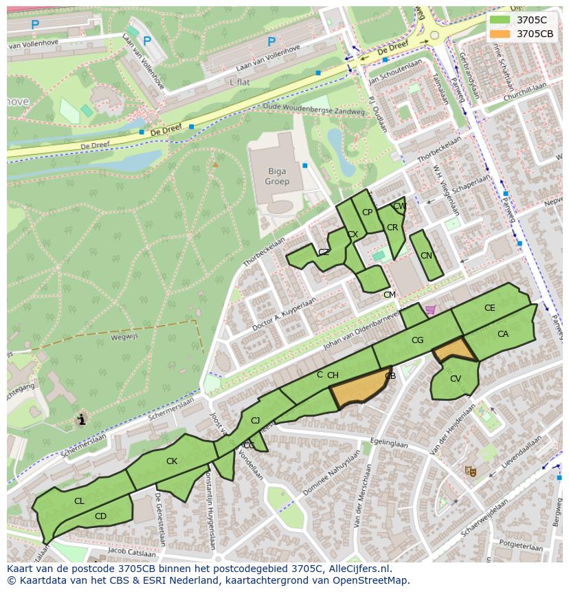 Afbeelding van het postcodegebied 3705 CB op de kaart.