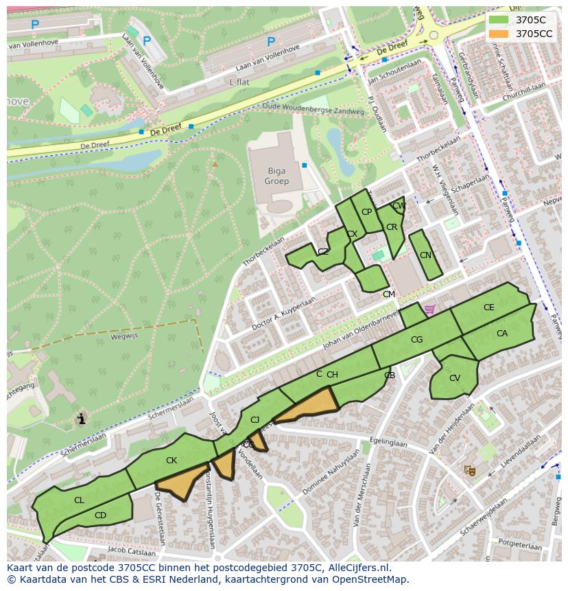 Afbeelding van het postcodegebied 3705 CC op de kaart.