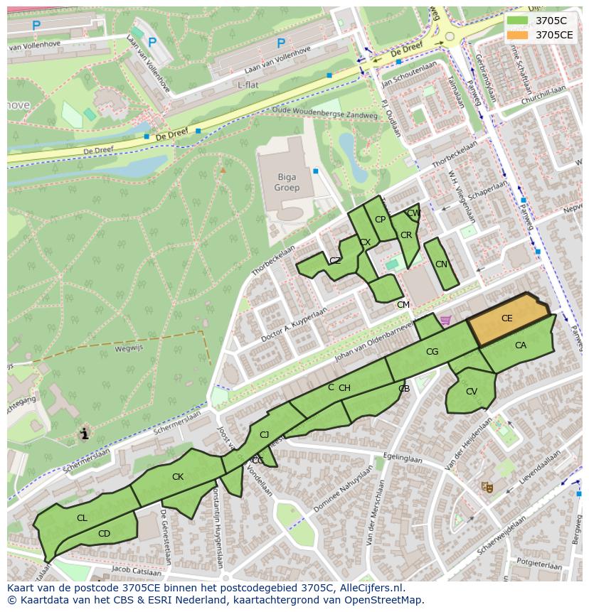 Afbeelding van het postcodegebied 3705 CE op de kaart.