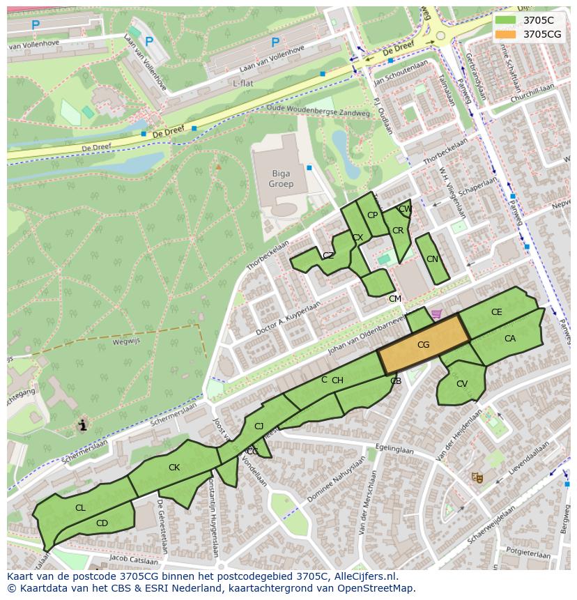 Afbeelding van het postcodegebied 3705 CG op de kaart.