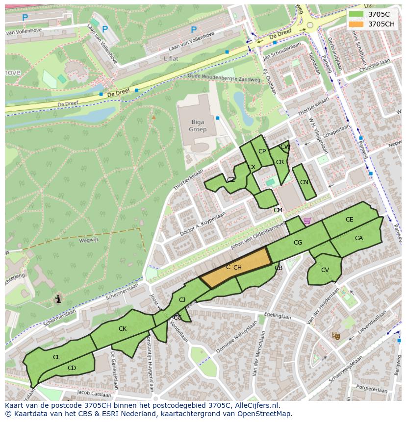 Afbeelding van het postcodegebied 3705 CH op de kaart.