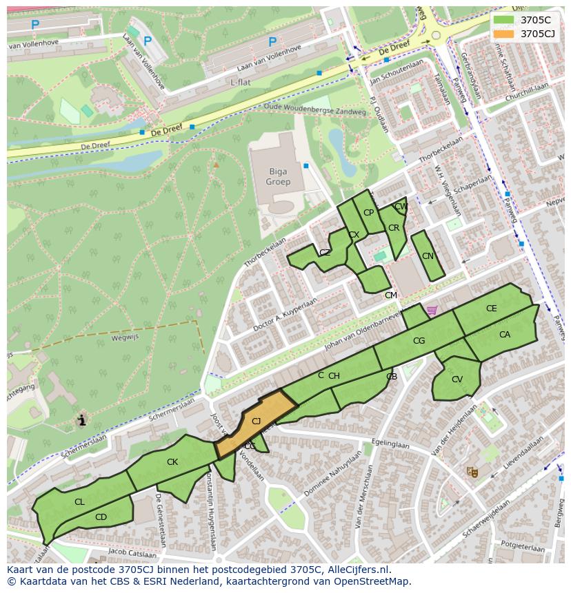 Afbeelding van het postcodegebied 3705 CJ op de kaart.