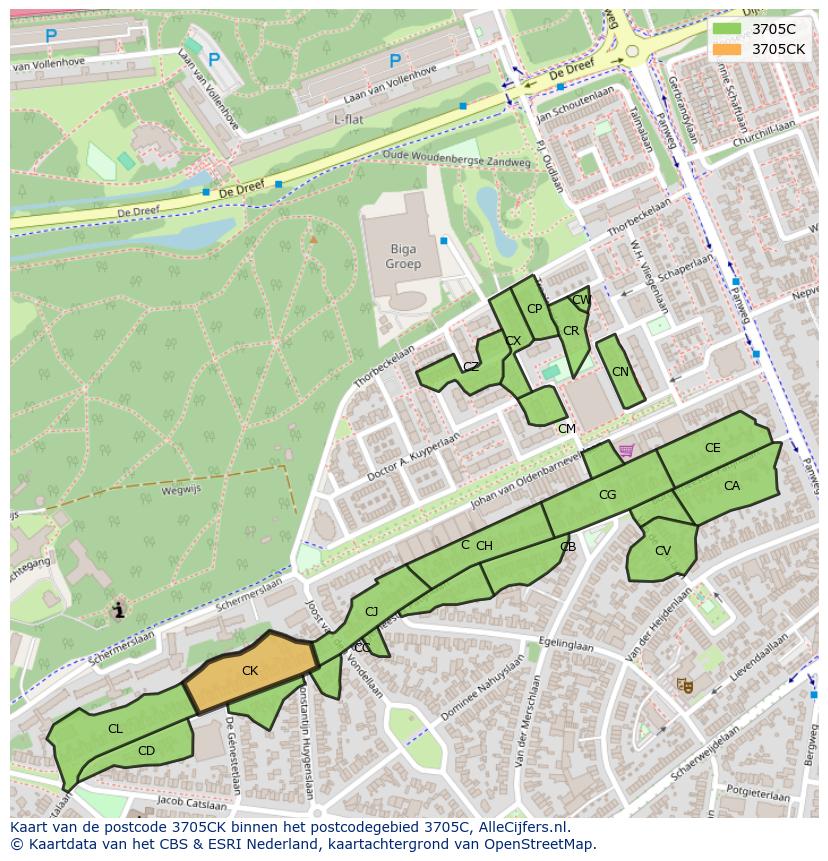 Afbeelding van het postcodegebied 3705 CK op de kaart.