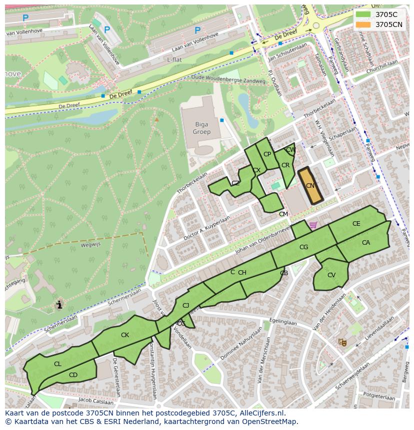 Afbeelding van het postcodegebied 3705 CN op de kaart.