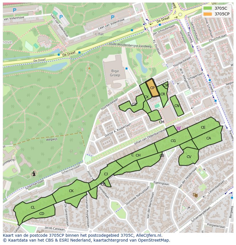 Afbeelding van het postcodegebied 3705 CP op de kaart.