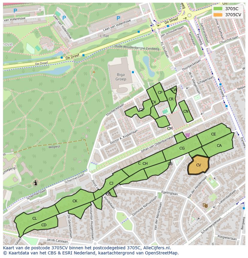 Afbeelding van het postcodegebied 3705 CV op de kaart.