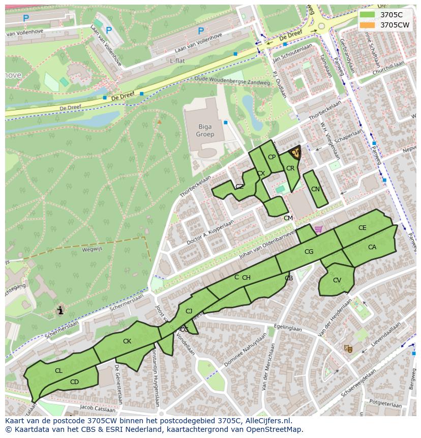Afbeelding van het postcodegebied 3705 CW op de kaart.