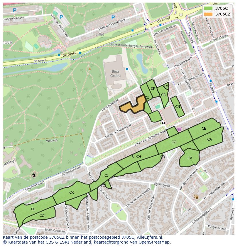 Afbeelding van het postcodegebied 3705 CZ op de kaart.