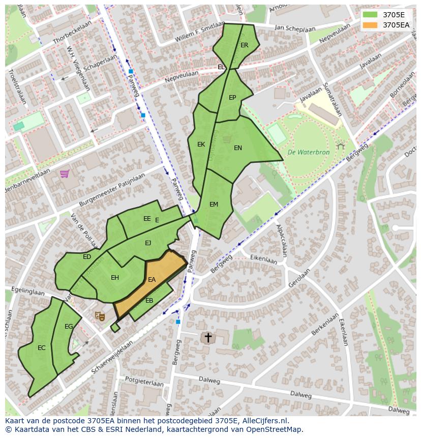 Afbeelding van het postcodegebied 3705 EA op de kaart.