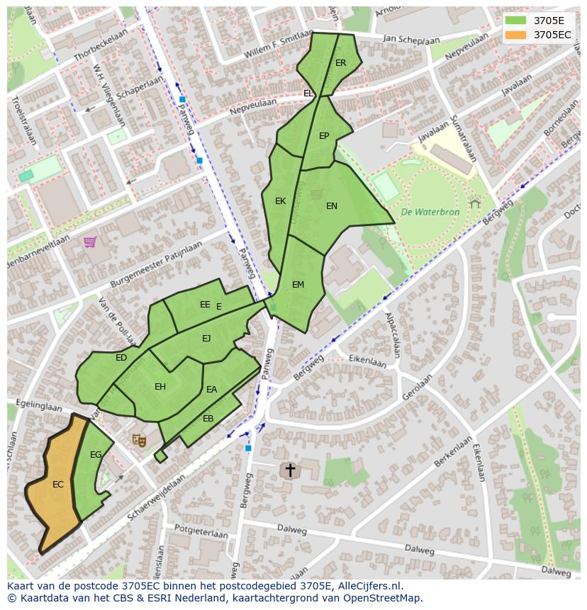 Afbeelding van het postcodegebied 3705 EC op de kaart.