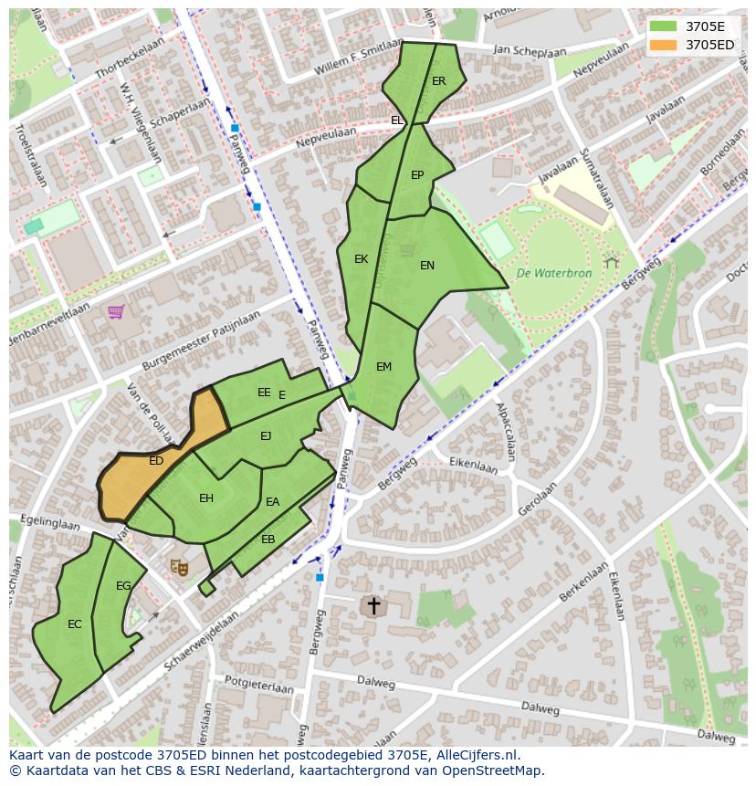 Afbeelding van het postcodegebied 3705 ED op de kaart.