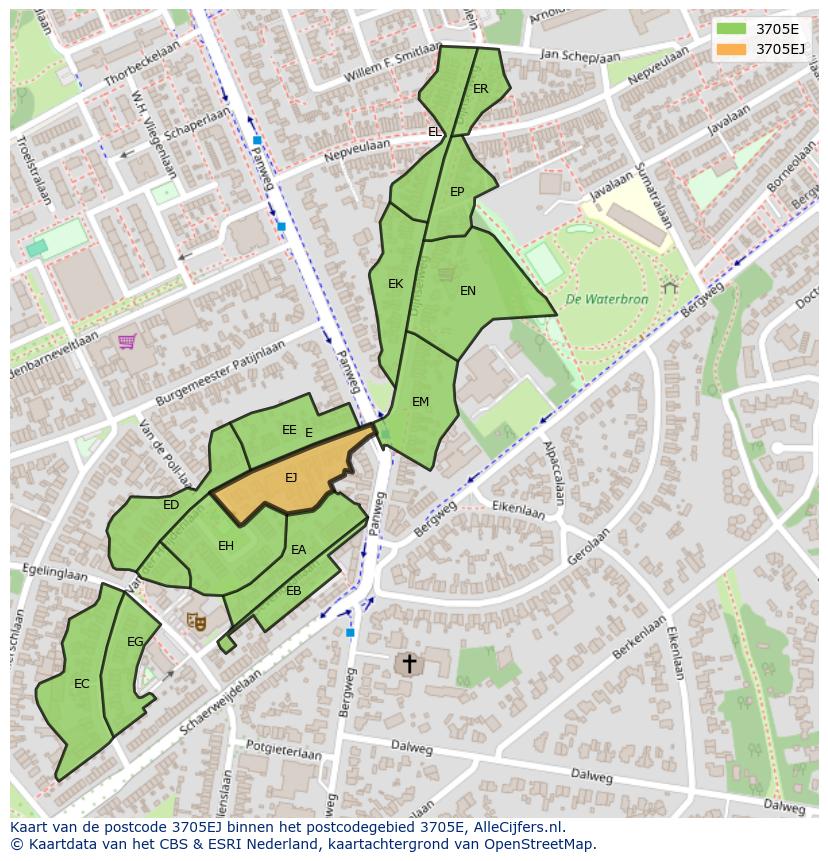 Afbeelding van het postcodegebied 3705 EJ op de kaart.