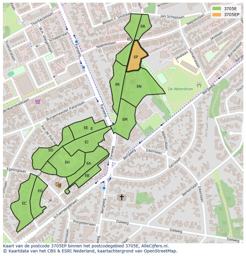Afbeelding van het postcodegebied 3705 EP op de kaart.