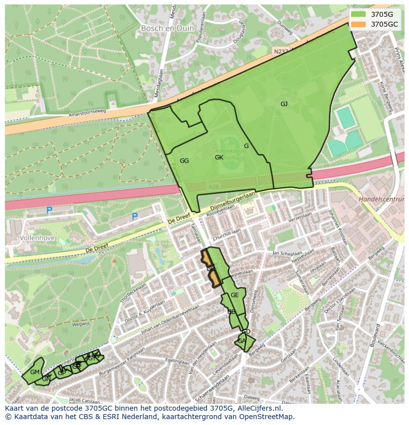 Afbeelding van het postcodegebied 3705 GC op de kaart.