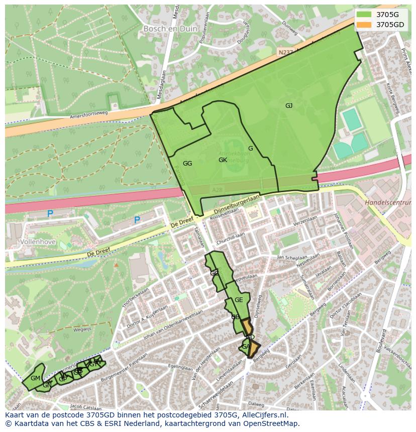 Afbeelding van het postcodegebied 3705 GD op de kaart.