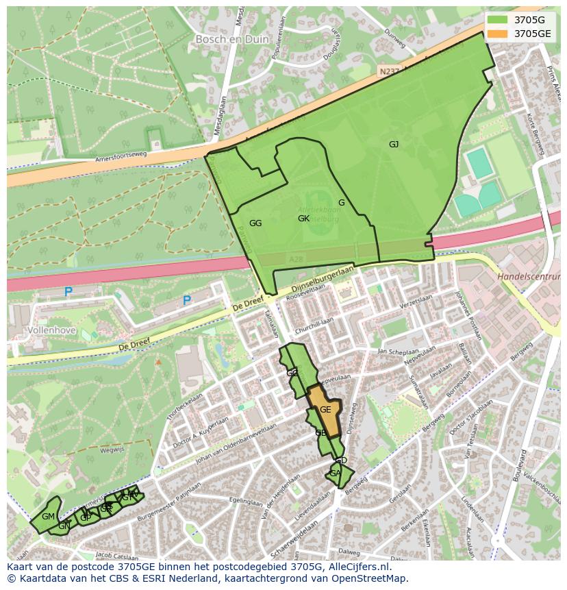 Afbeelding van het postcodegebied 3705 GE op de kaart.