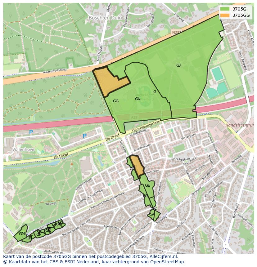Afbeelding van het postcodegebied 3705 GG op de kaart.