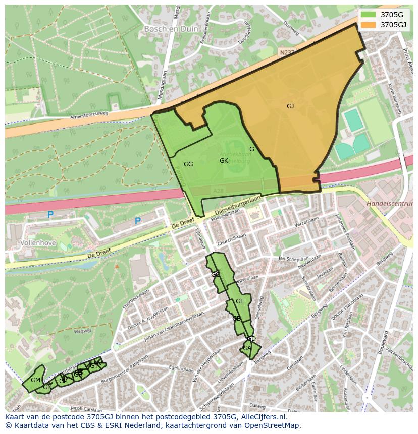 Afbeelding van het postcodegebied 3705 GJ op de kaart.