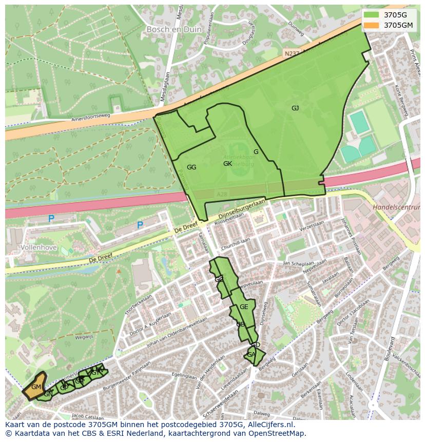 Afbeelding van het postcodegebied 3705 GM op de kaart.