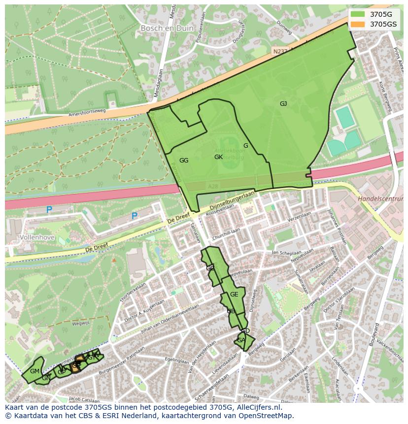 Afbeelding van het postcodegebied 3705 GS op de kaart.