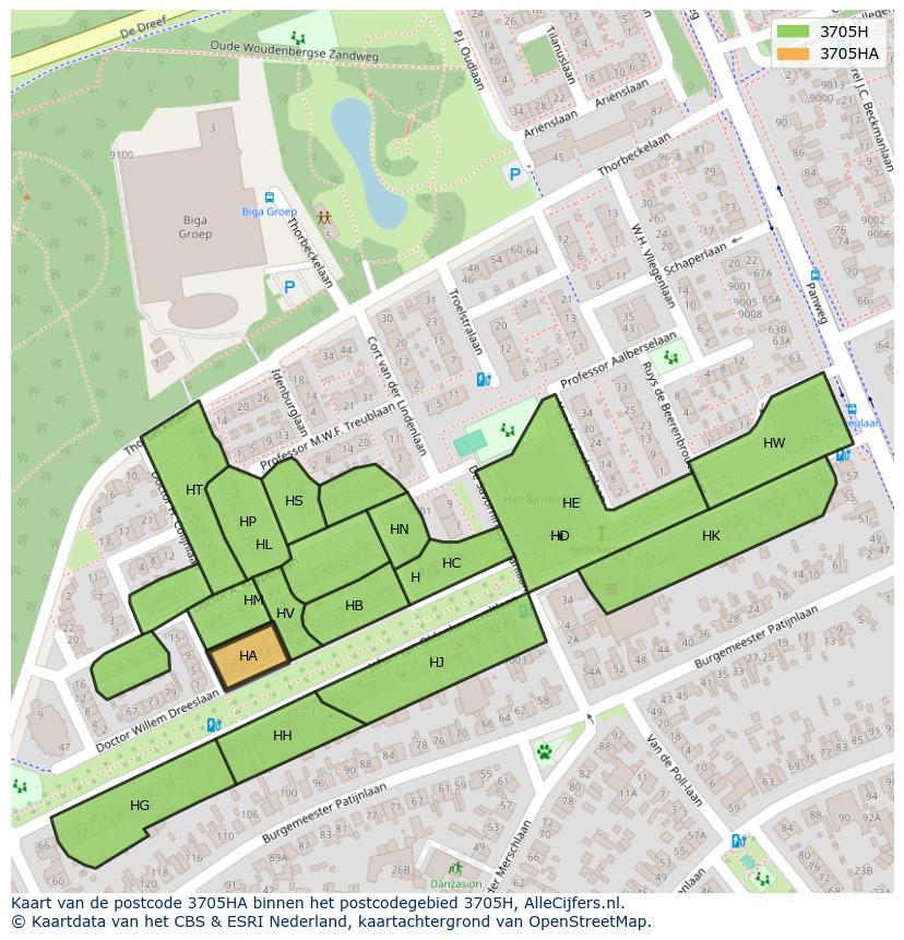 Afbeelding van het postcodegebied 3705 HA op de kaart.