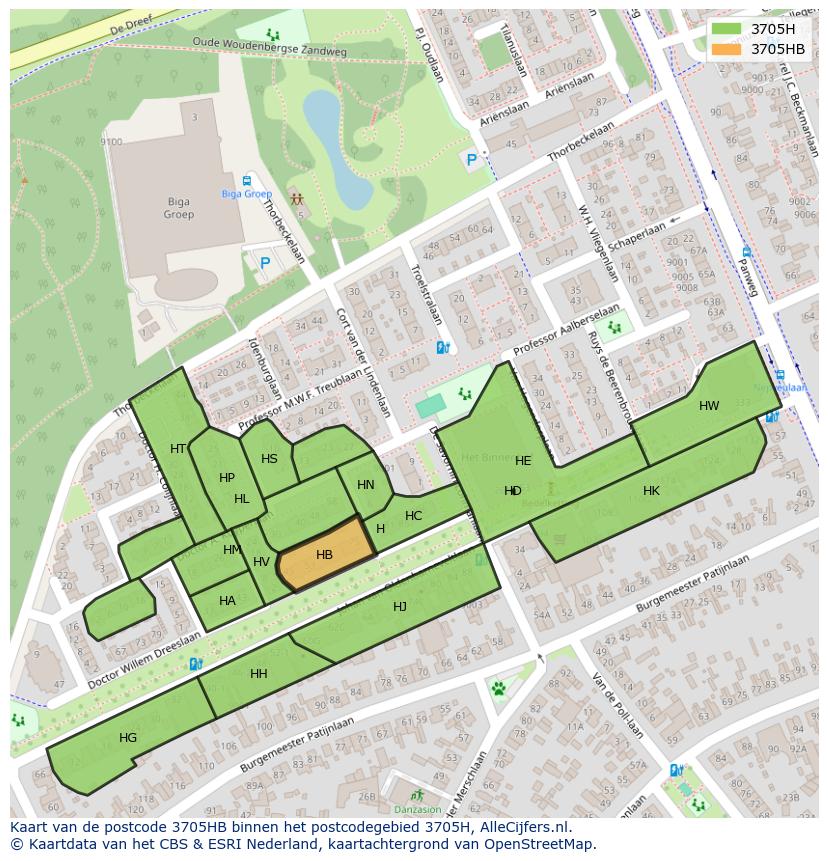 Afbeelding van het postcodegebied 3705 HB op de kaart.