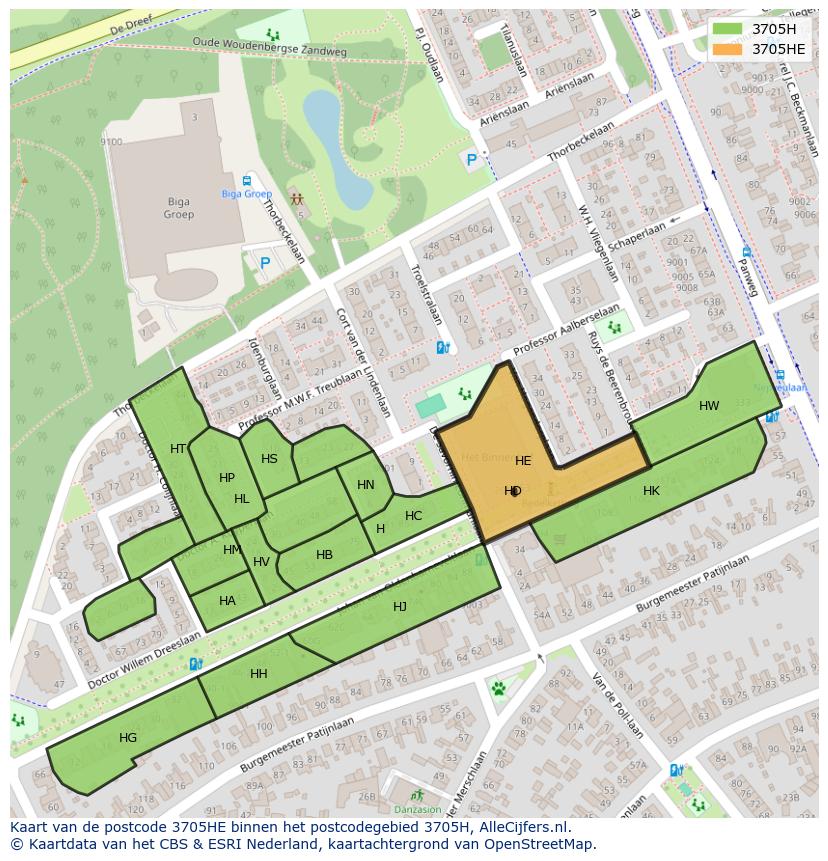 Afbeelding van het postcodegebied 3705 HE op de kaart.