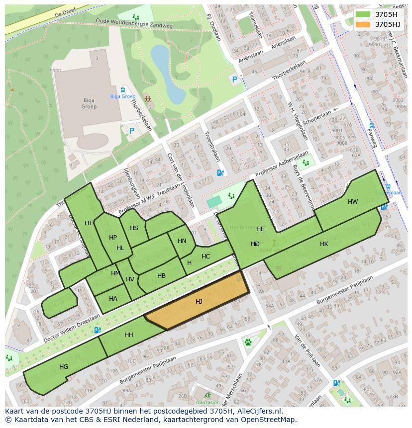 Afbeelding van het postcodegebied 3705 HJ op de kaart.