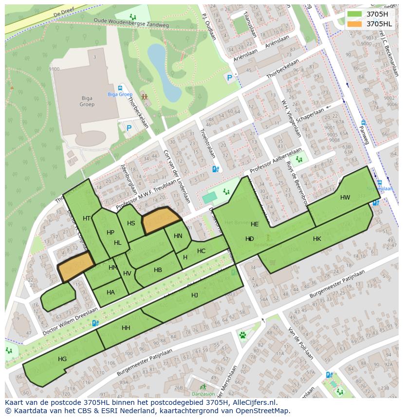 Afbeelding van het postcodegebied 3705 HL op de kaart.