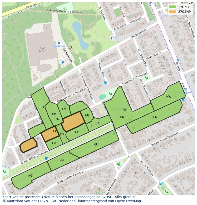 Afbeelding van het postcodegebied 3705 HM op de kaart.