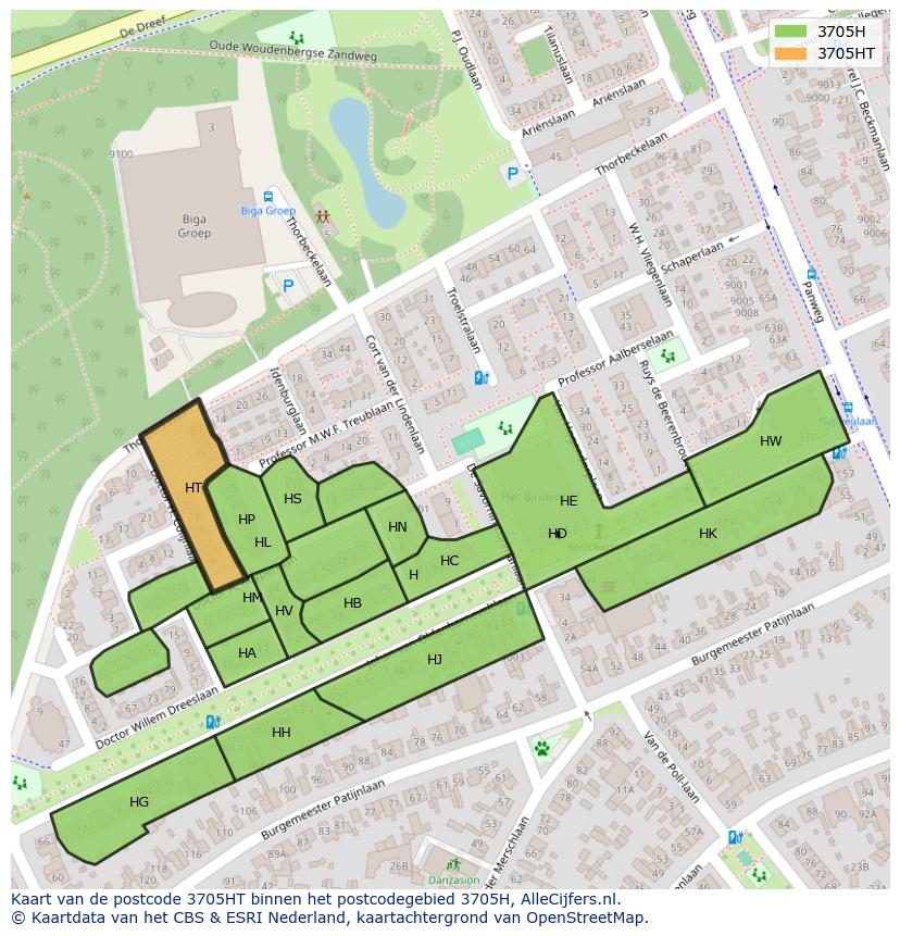 Afbeelding van het postcodegebied 3705 HT op de kaart.