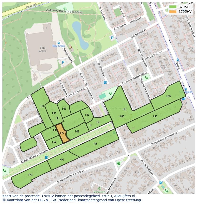 Afbeelding van het postcodegebied 3705 HV op de kaart.