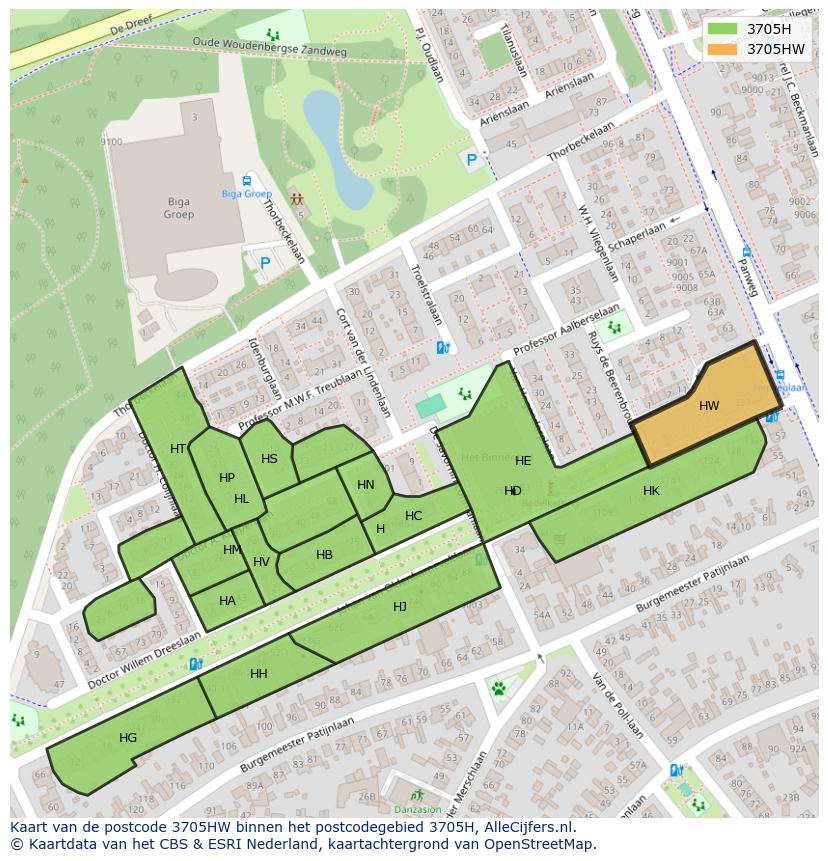 Afbeelding van het postcodegebied 3705 HW op de kaart.