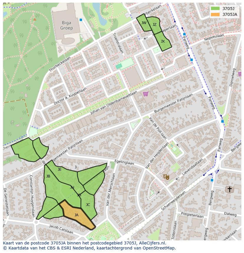 Afbeelding van het postcodegebied 3705 JA op de kaart.