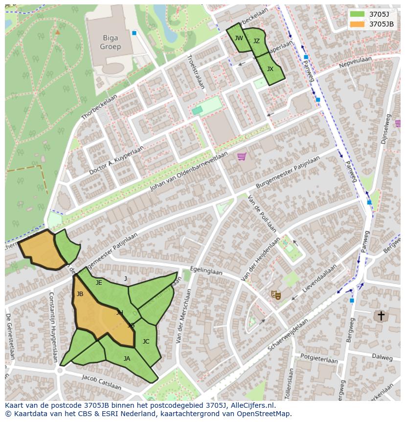 Afbeelding van het postcodegebied 3705 JB op de kaart.