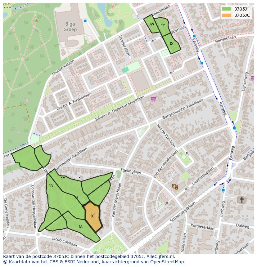 Afbeelding van het postcodegebied 3705 JC op de kaart.
