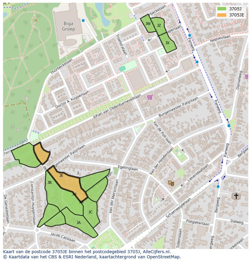 Afbeelding van het postcodegebied 3705 JE op de kaart.