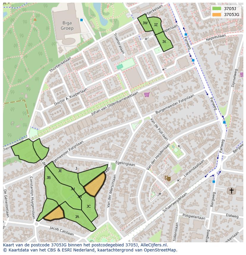 Afbeelding van het postcodegebied 3705 JG op de kaart.